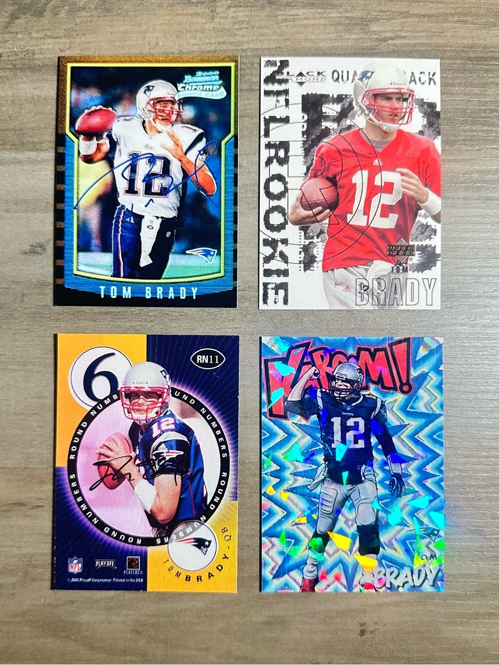 Tom Brady Signed Rookie Lot of (4) Kaboom Holo UD etc… Novelty Football Cards.